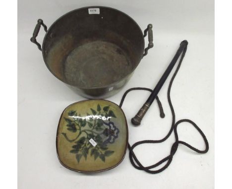 Chelsea Pottery glazed terracotta shallow dish monogrammed HS, W22.4cm; brass jam pan, D31.5cm and a whip with plated mount (
