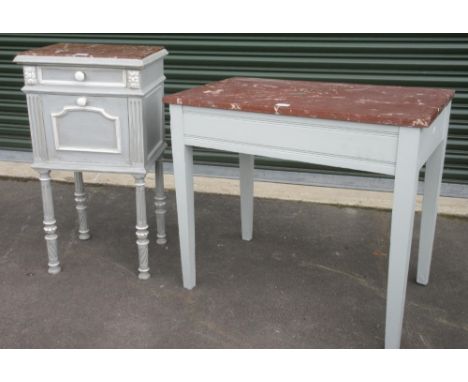 Vintage grey painted bedside cabinet and a similar side table, both with rouge marble tops, W74cm D65cm H76cm (2) 
