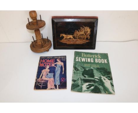 Julia Bradbury Collection:&nbsp;20th century Sorrento style blotter, vintage cotton reel stand and two vintage sewing pattern