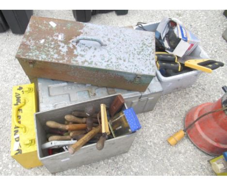 Large quantity of hand tools in vintage tool boxes, including spanners, screwdrivers, plyers, hammers, drill bits etc. 