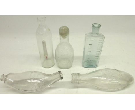 Five glass feeding bottles incl, one with a thermometer, 'Allenbury's' feeder and a C. Wass Chemist clear glass bottle 