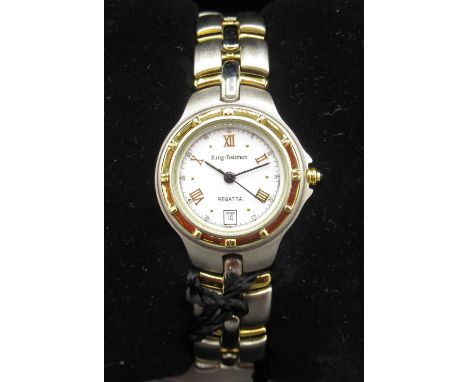 Ladies Krug-Baumen Regatta stainless steel and 18K gold plated wristwatch with date, signed white dial, Roman and dot hour in