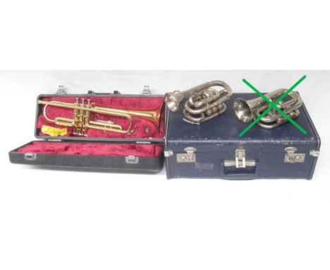 Yamaha YTR 1335 trumpet serial no.409775, lacking mouthpiece in original Yamaha case, and The Salvation Army Own Mark Cornet,