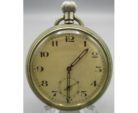 Swiss (Revue) British Military Issue G.S.T.P. chrome keyless pocket watch, silvered Arabic dial, subsidiary seconds, case bac