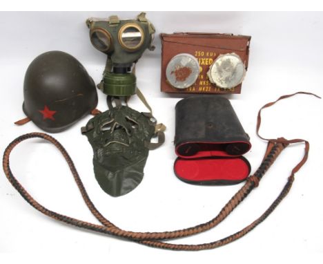 Shane Lynch collection - Russian soviet helmet, gas mask, vintage navy cold weather mask, ammunition box and a whip 
