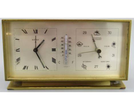 Birks brass combination 8 day desk clock with alarm, aneroid barometer and thermometer, signed silvered dial, brushed lacquer