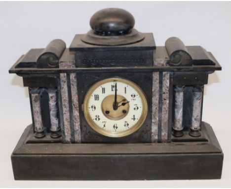 C19th French slate and marble mantel clock, stepped dial with brass centre and porcelain Arabic chapter ring (no bezel), two 