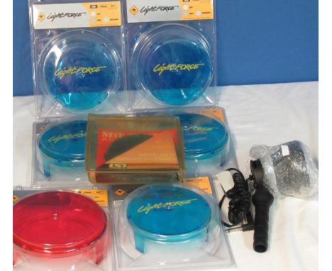Collection of  seven LightForce light filters, blue and red and a hand held Clulite lamp 