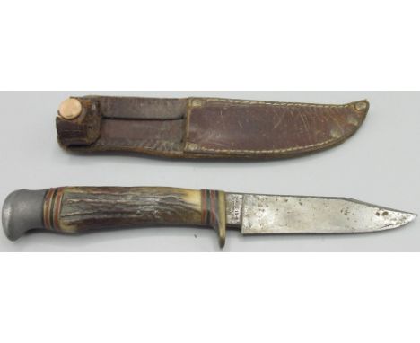 William Rodgers, Sheffield scouting / bushcraft knife, simulated antler handle and leather scabbard, L19cm 