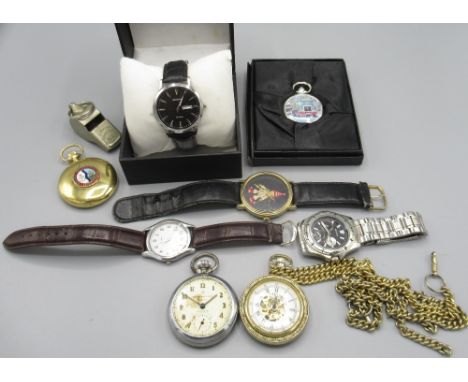 Rotary gold plated keyless hunter pocket watch with applied Seven Valley Railway enamel badge, signed Roman dial, Swiss 17 je