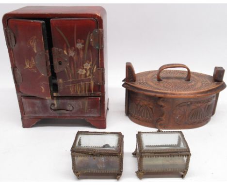 Two French brass and glass casket trinket box, Scandinavian style wooden carved tine box, and a wooden Japanese lacquered che