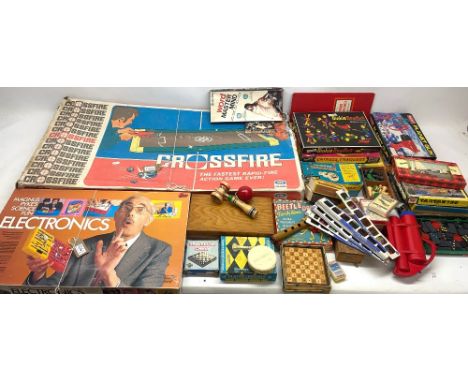 Large collection of vintage toys incl, boxed crossfire action game, chess sets, travel and card games, give a show projector 