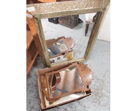 C20th hammered brass framed rectangular wall mirror, H84cm W66cm, figured walnut framed wall mirror, etching of Bootham Bar s