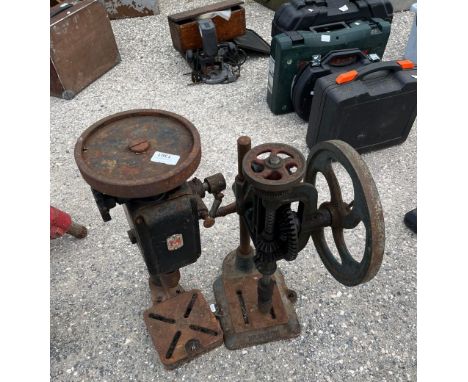 Two vintage mechanical bench pillar drills, including Metabo 