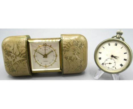 1950's Europa purse design brass 8 day travel bedside alarm clock, signed silvered dial, applied Arabic and baton indices, ca