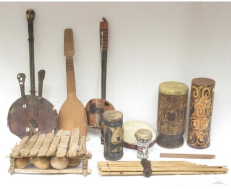 Mixed collection of Tribal/Indigenous musical instruments to inc. Xylophones, string instruments, wind instrument, etc. (Vict