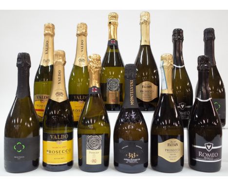 12 BOTTLES PROSECCOAlmivisi 2 x Brut NV; Valdo 2 x Marca Oro Extra Dry NV and Extra Dry NV; Coste Petrai 2 x Extra Dry NV; Mo