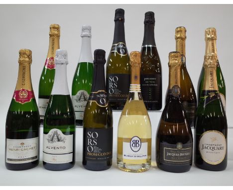 12 BOTTLES CHAMPAGNE AND SPARKLING WINEAsda 2 x Henri Cachet Brut NV; Alvento Winery 2 x Theia Blanc de Blancs Brut 2019; Zon