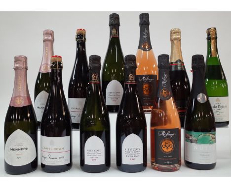 12 BOTTLES ENGLISH SPARKLING WINEHenners 2 x Rosé Brut NV; Chapel Down 2 x Vintage Reserve 2019, 2 x Kit's Coty Coeur de Cuvé