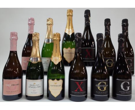 12 BOTTLES ENGLISH SPARKLING WINETesco 2 x Finest Brut NV; Hattingley Valley Wines 2 x Classic Reserve Brut NV; Greyfriars Vi