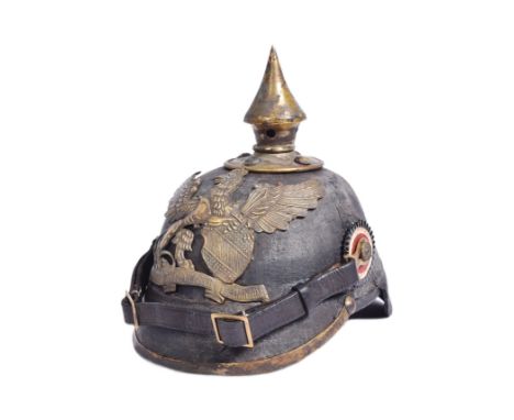 A WWI First World War Imperial German / Prussian Grand Duchy of Baden Officers Pickelhaube helmet. Leather bodied helmet with