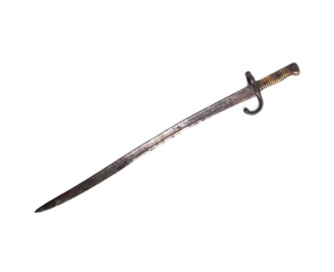 A 19th Century French 1866 pattern ' Chassepot ' rifle bayonet. The bayonet having ribbed brass hilt, muzzle ring and forward