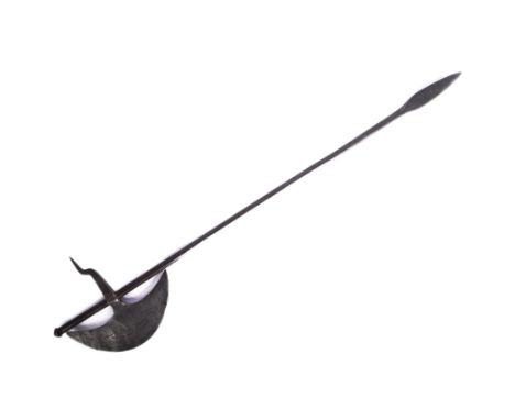 A 19th Century ceremonial tribal axe with a crescent shaped axe head and wavy parrying hook mounted onto a slender shaft with