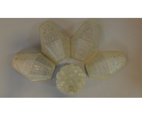 A set of four Art Deco frosted glass light shades and a similar torch style shade. H.25 W.18 D.9cm 