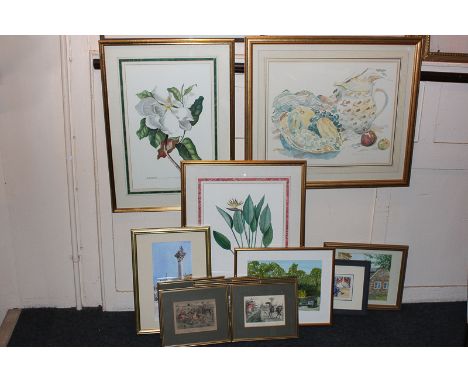 A set of six John Leech fox hunting prints, together with various other watercolours and prints
