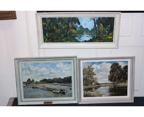 Three 20th century oils, C Lynch, River Avon, signed and dated 1958, 45cm by 64cm;  Muriel England, view titled Above Bursled