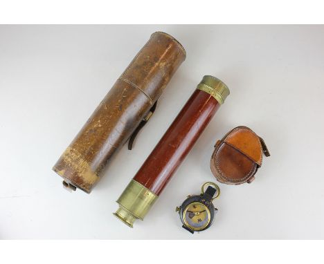 A Troughton & Simms, London, brass telescope with mahogany body in leather case and a compass in leather case