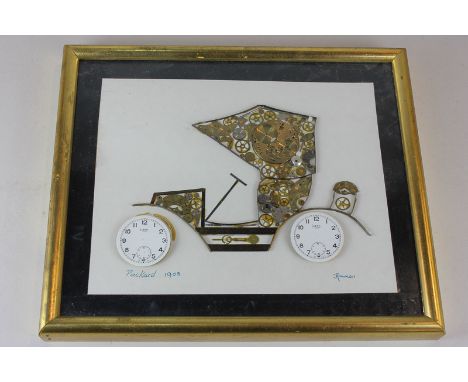 A collage picture of a Packard 1903 car by John Ammon, made out of clock and watch parts, framed, signed and dated 1972 32cm 