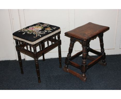 A jointed oak stool with turned legs, together with an Edwardian mahogany tapestry stool with turned legs and supports