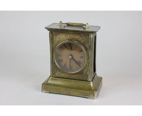 A German brass cased musical carriage clock, the circular dial and movement marked with a B inside a crescent, (af) 17.4cm hi
