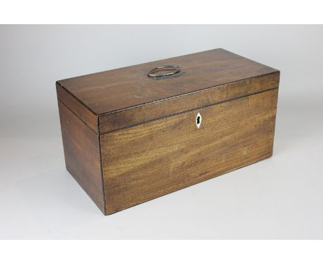 A 19th century mahogany tea caddy with two compartments and a later glass dish, 30.5cm by 15cm