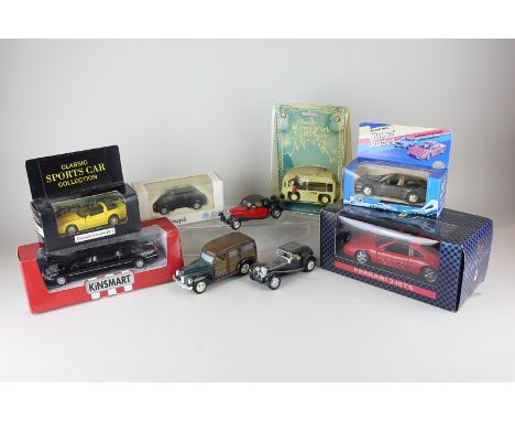 Three Maisto 1/18 scale model cars model cars, five similar smaller models, an Anson model Cadillac Escalade Ext. and three o