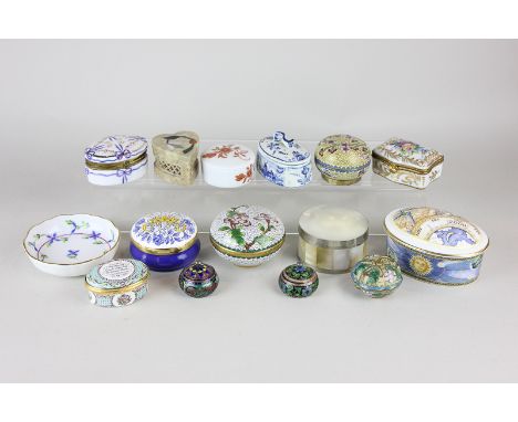 A Herend small porcelain dish, two commemorative enamel boxes, three cloisonne trinket boxes, nine other trinket boxes in por