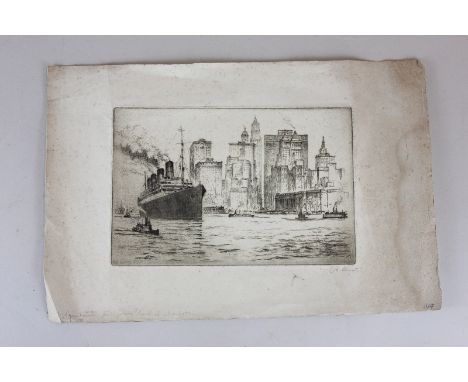 Early 20th century, RMS Aquitania passing Manhattan skyline, New York, etching, signed in pencil, unframed, 15cm by 24cm