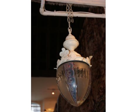 An early 20th century white painted metal hanging light fitting with teardrop painted glass shade, 47cm, (a/f)