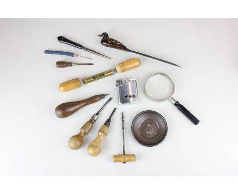 A Ronson lighter, a magnifying glass, four chisels, a corkscrew, a spirit level and other items