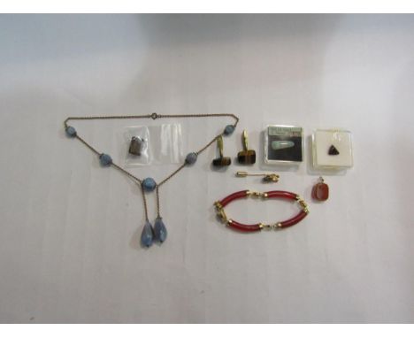 An Austrian opal tie pin, loose gem stones, necklace, bangle and cufflinks 