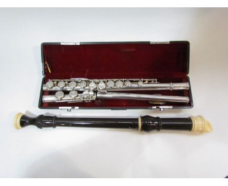 A white metal Jupiter flute K.H.S Musical Instrument, cased and allos students recorder 