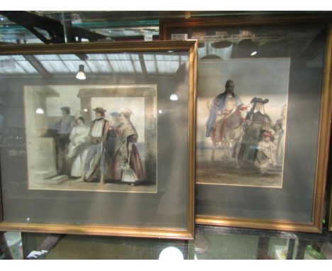 Two 19th Century mixed media heightened pictures, "Figures Entering Madrid" and "Christening of the First Child", framed and 