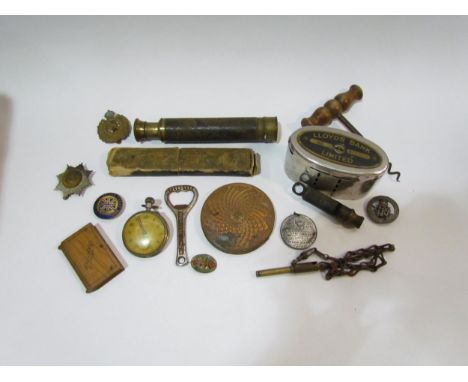 Mixed bygone, savings tin, telescope, pocket watch, whistle etc 