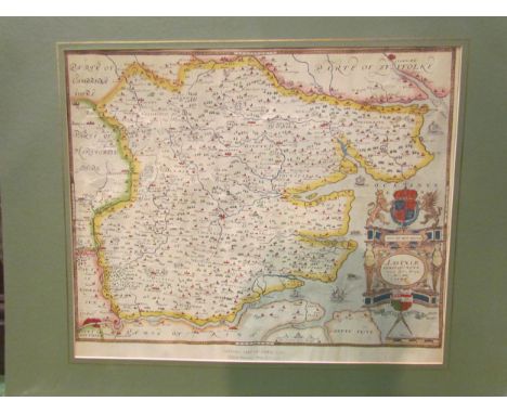 A British Museum Map C.7.C.I. "Saxton's Map of Essex, 1576".  Hand painted print.  A late Victorian woolwork panel of a metam