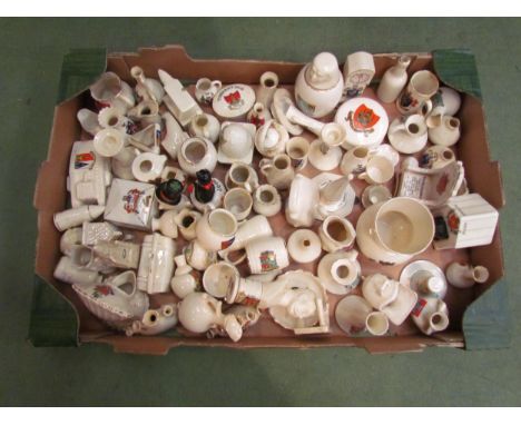 A box of Goss and similar crested china over 80 pieces including tank, kitchener, bust, Egyptian jar, "The Blackwatch" etc 