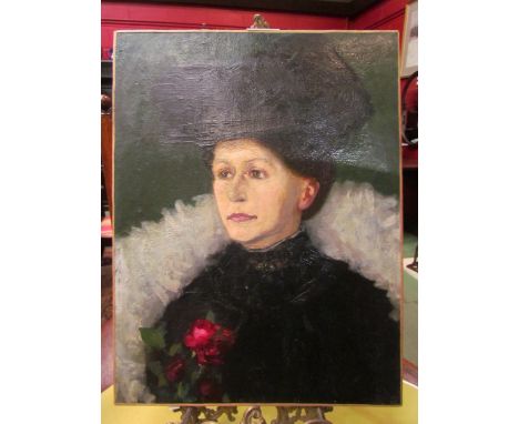 An oil on canvas depicting a Victorian/Edwardian portrait of a lady in black with dignified mournful gaze, 43cm x 33cm, unfra