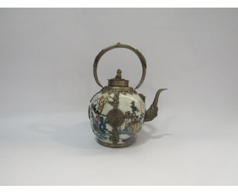 A reproduction eastern ceramic and metal teapot decorated with women in garden scenes and with script, 20cm high 