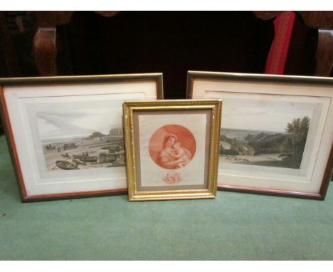 Two landscape engravings including 'Bognor', together with a late 18th Century portrait engraving of mother and child (3) 