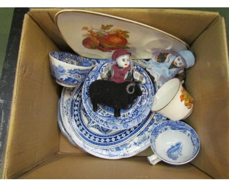 A quantity of blue and white ceramics including Spode Italian, porcelain headed sovenir dolls etc 